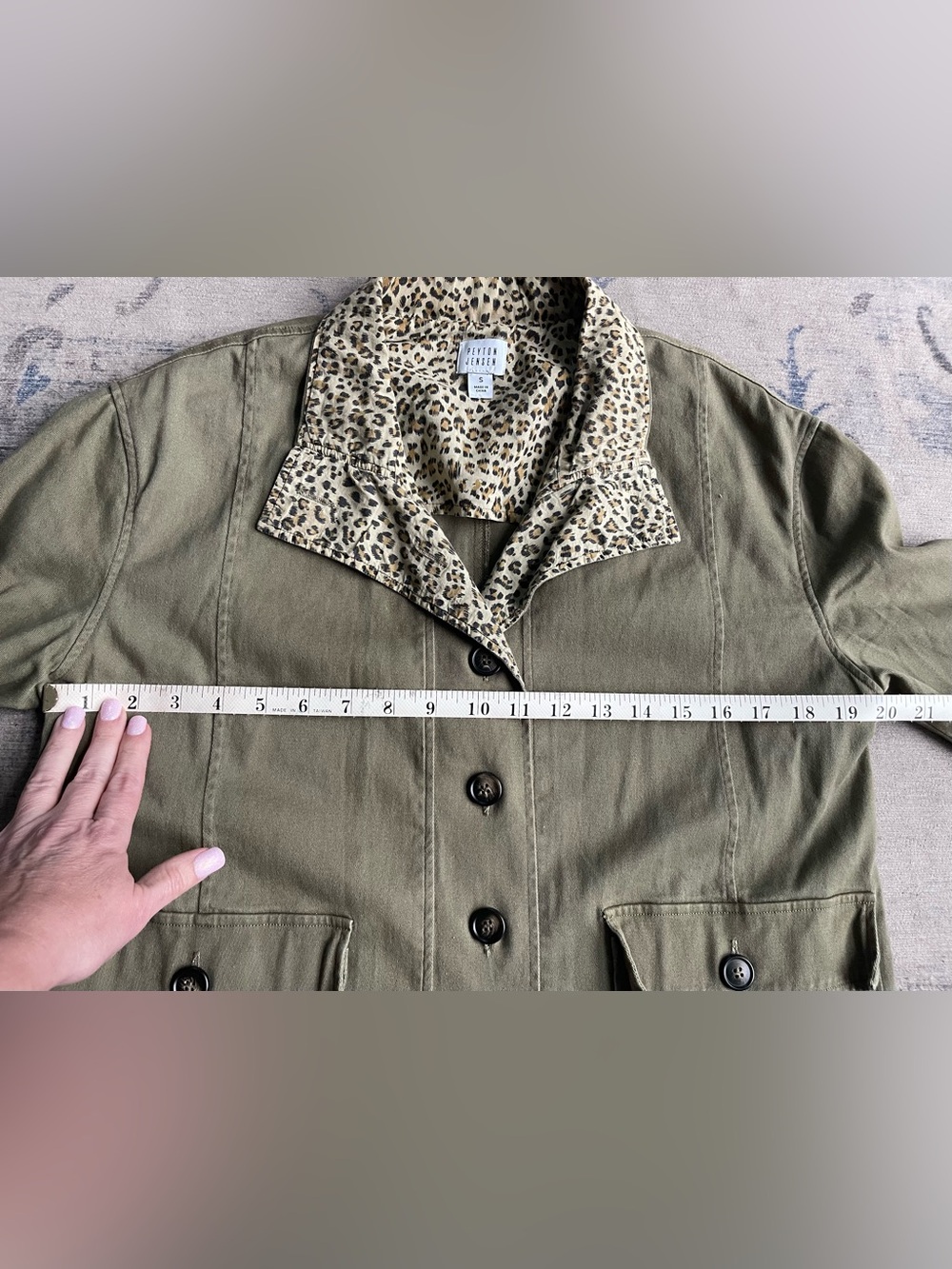 Peyton Jensen Leopard Trim Safari Utility Jacket Olive Size S - Picture 4 of 5